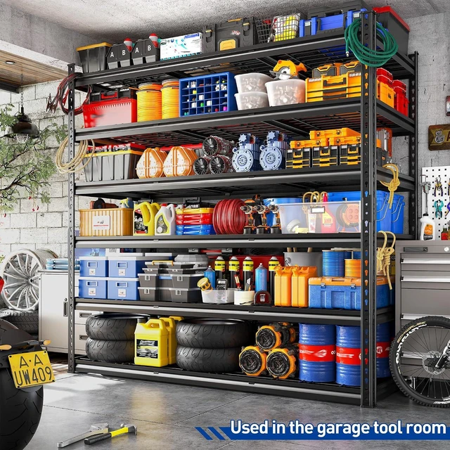 Alt view image 4 of 7 - 78"H x 55"W Garage Shelving, 3300LBS Heavy Duty Shelving, Rivet 6-Tier Adjustable Metal Garage Storage Rack, Industrial Shelving with Reinforced Mesh, for Warehouse Basement Commercial, Black