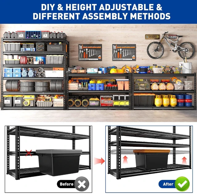 Alt view image 7 of 7 - 78"H x 55"W Garage Shelving, 3300LBS Heavy Duty Shelving, Rivet 6-Tier Adjustable Metal Garage Storage Rack, Industrial Shelving with Reinforced Mesh, for Warehouse Basement Commercial, Black