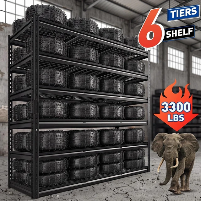 Alt view image 5 of 7 - 78"H x 55"W Garage Shelving, 3300LBS Heavy Duty Shelving, Rivet 6-Tier Adjustable Metal Garage Storage Rack, Industrial Shelving with Reinforced Mesh, for Warehouse Basement Commercial, Black