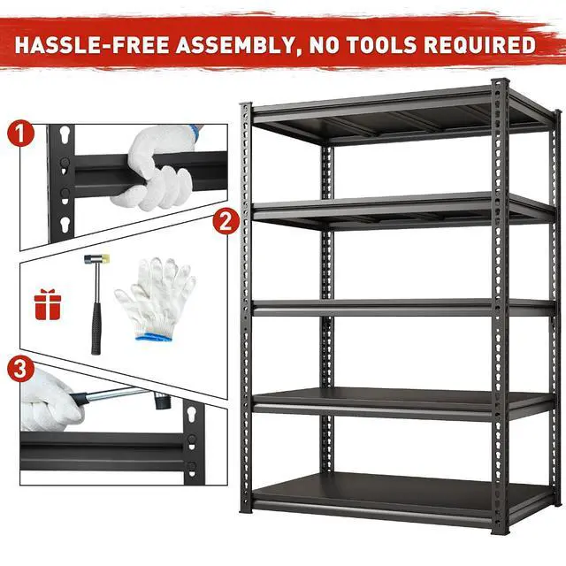 Alt view image 3 of 7 - 72" H Garage Shelving Load 2500Lbs for Homeowners and Commercial Use | Heavy Duty, Adjustable 5 Tiers with Steel Panels, for Warehouse Factory Commercial Garage, 72"H x 36"W x 18"D, Black, 2Packs