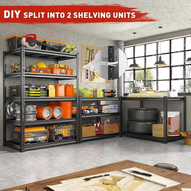 Alt view image 7 of 7 - 72" H Garage Shelving Load 2500Lbs for Homeowners and Commercial Use | Heavy Duty, Adjustable 5 Tiers with Steel Panels, for Warehouse Factory Commercial Garage, 72"H x 36"W x 18"D, Black, 2Packs
