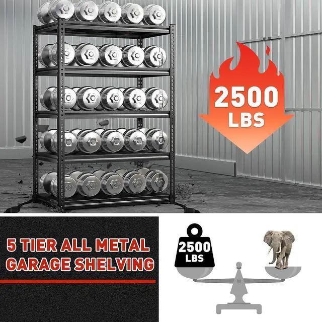 Alt view image 5 of 7 - 72" H Garage Shelving Load 2500Lbs for Homeowners and Commercial Use | Heavy Duty, Adjustable 5 Tiers with Steel Panels, for Warehouse Factory Commercial Garage, 72"H x 36"W x 18"D, Black, 2Packs