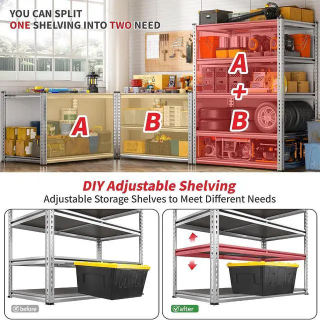 Alt view image 7 of 7 - 2200LBS Heavy Duty Storage Shelves, 5-Tier Adjustable Metal Shelving Unit with Waterproof PP Boards,Garage Storage Rack for Pantry Basement Warehouse,35" W x 16" D x 72" H,Sliver Shelves