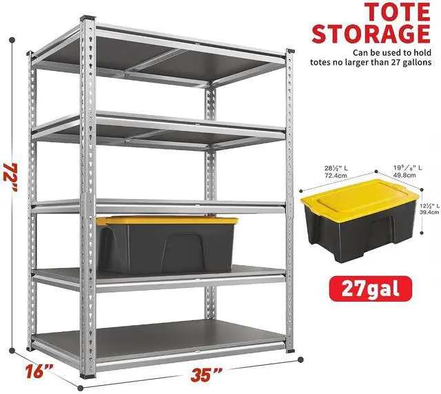 Alt view image 3 of 7 - 2200LBS Heavy Duty Storage Shelves, 5-Tier Adjustable Metal Shelving Unit with Waterproof PP Boards,Garage Storage Rack for Pantry Basement Warehouse,35" W x 16" D x 72" H,Sliver Shelves