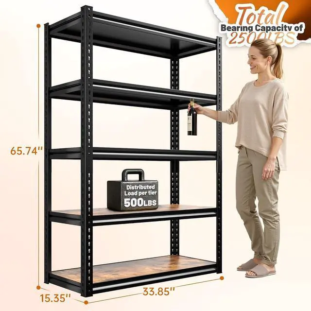 Alt view image 3 of 7 - Storage Shelves Whith Thickened MDF Wood for Pantry Organizer | 2500LBS,Adjustable 5Tire Sturdy Rust-Resistant Metal Shelving,For Garages&Warehouses,65.74" H x 33.85" W x 15.35" D