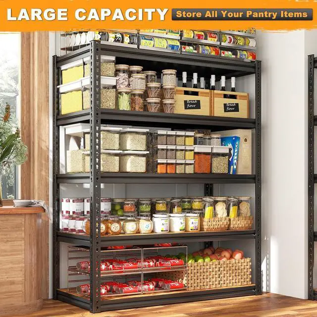 Alt view image 6 of 7 - Storage Shelves Whith Thickened MDF Wood for Pantry Organizer | 2500LBS,Adjustable 5Tire Sturdy Rust-Resistant Metal Shelving,For Garages&Warehouses,65.74" H x 33.85" W x 15.35" D