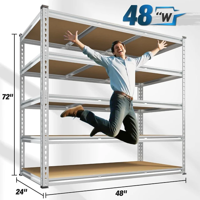 Alt view image 3 of 7 - Garage Shelving, 5 Tier Storage Shelves Load 3020LBS, Adjustable Garage Shelving Heavy Duty, Metal Shelves Unit for Basement, Warehouse, 48" W x 72" H x 24" D, Galvanized