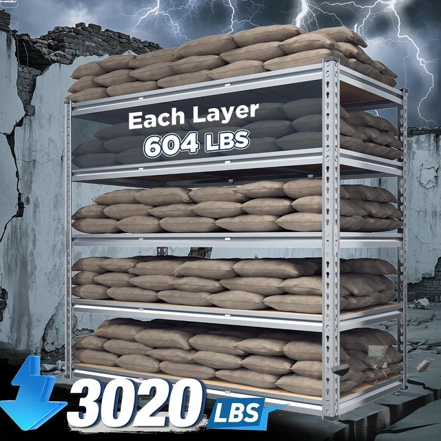Alt view image 4 of 7 - Garage Shelving, 5 Tier Storage Shelves Load 3020LBS, Adjustable Garage Shelving Heavy Duty, Metal Shelves Unit for Basement, Warehouse, 48" W x 72" H x 24" D, Galvanized