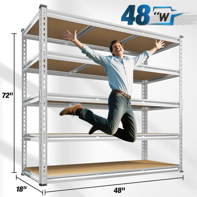 Alt view image 2 of 7 - Garage Shelving, 5 Tier Storage Shelves Load 3000LBS, Adjustable Garage Shelving Heavy Duty, Metal Shelves Unit for Basement, Warehouse, 48" W x 72" H x 18" D, Galvanized