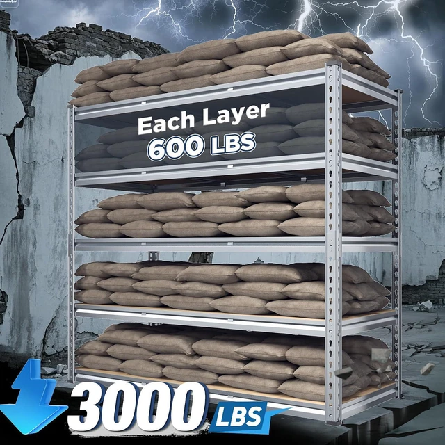 Alt view image 3 of 7 - Garage Shelving, 5 Tier Storage Shelves Load 3000LBS, Adjustable Garage Shelving Heavy Duty, Metal Shelves Unit for Basement, Warehouse, 48" W x 72" H x 18" D, Galvanized