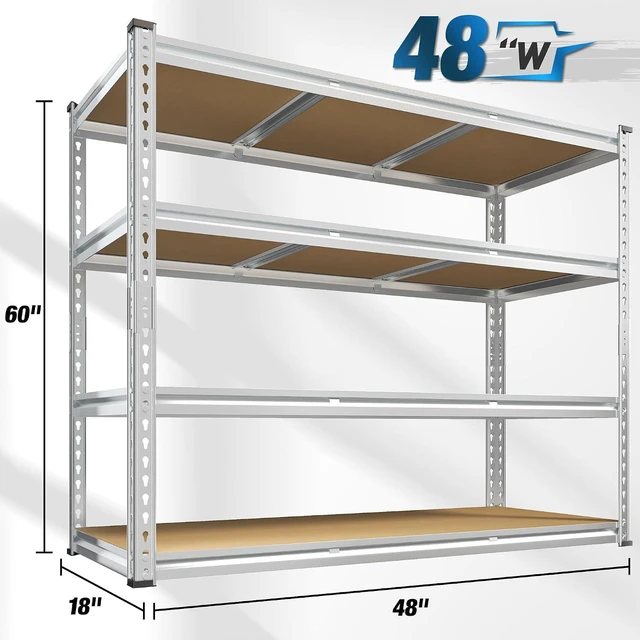 Alt view image 2 of 7 - Garage Shelving, 4 Tier Storage Shelves Load 2000LBS, Adjustable Garage Shelving Heavy Duty, Metal Shelves Unit for Basement, Warehouse, 48" W x 60" H x 18" D, Galvanized