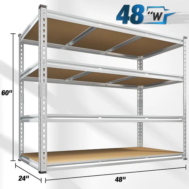Alt view image 2 of 7 - Garage Shelving, 4 Tier Storage Shelves Load 2550LBS, Adjustable Garage Shelving Heavy Duty, Metal Shelves Unit for Basement, Warehouse, 48" W x 60 "H x 24" D, Galvanized