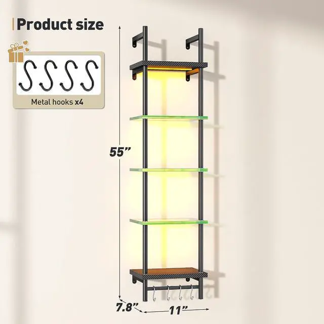 Alt view image 2 of 6 - Floating Shelves for Wall, LED Wall Shelves with Hooks, Vertical Display Shelf for Bedroom Living Room Vanity, Carbon Fiber Black