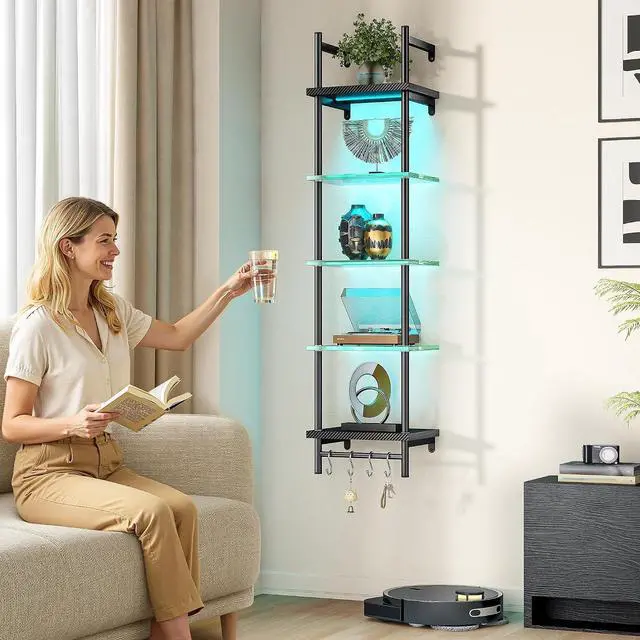 Alt view image 3 of 6 - Floating Shelves for Wall, LED Wall Shelves with Hooks, Vertical Display Shelf for Bedroom Living Room Vanity, Carbon Fiber Black