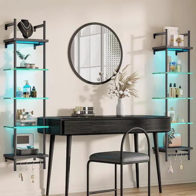 Alt view image 4 of 6 - Floating Shelves for Wall, LED Wall Shelves with Hooks, Vertical Display Shelf for Bedroom Living Room Vanity, Carbon Fiber Black