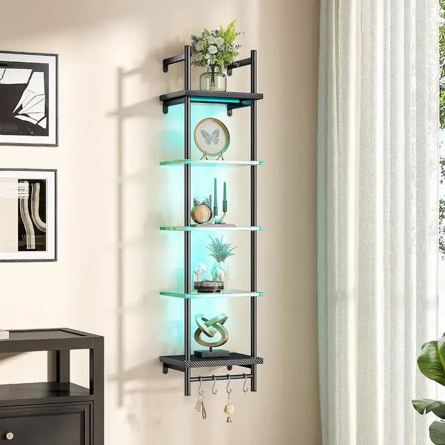 Main image of Floating Shelves for Wall, LED Wall Shelves with Hooks, Vertical Display Shelf for Bedroom Living Room Vanity, Carbon Fiber Black