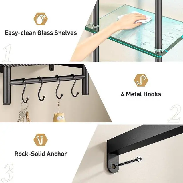 Alt view image 6 of 6 - Floating Shelves for Wall, LED Wall Shelves with Hooks, Vertical Display Shelf for Bedroom Living Room Vanity, Carbon Fiber Black