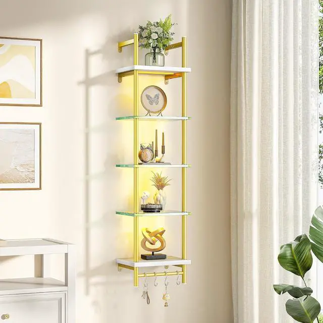 Main image of LED Floating Shelves for Wall, 5 Tier Wall Mounted Shelves, Industrial Pipe Shelves with 4 S-Hooks for Living Room, Bedroom, Kitchen, White & Gold