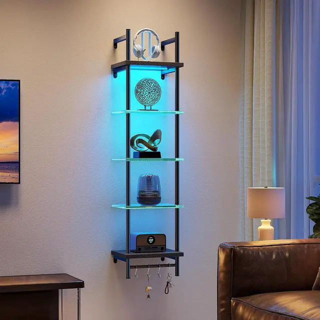 Alt view image 5 of 6 - Floating Shelves for Wall, LED Wall Shelves with Hooks, Vertical Display Shelf for Bedroom Living Room Vanity, Carbon Fiber Black