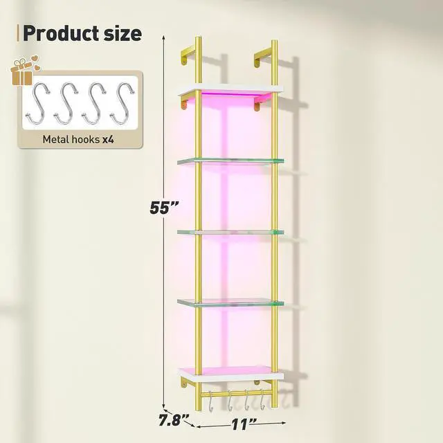 Alt view image 2 of 7 - LED Floating Shelves for Wall, 5 Tier Wall Mounted Shelves, Industrial Pipe Shelves with 4 S-Hooks for Living Room, Bedroom, Kitchen, White & Gold