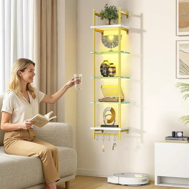 Alt view image 3 of 7 - LED Floating Shelves for Wall, 5 Tier Wall Mounted Shelves, Industrial Pipe Shelves with 4 S-Hooks for Living Room, Bedroom, Kitchen, White & Gold