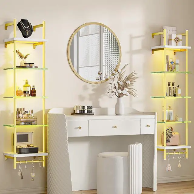 Alt view image 5 of 7 - LED Floating Shelves for Wall, 5 Tier Wall Mounted Shelves, Industrial Pipe Shelves with 4 S-Hooks for Living Room, Bedroom, Kitchen, White & Gold