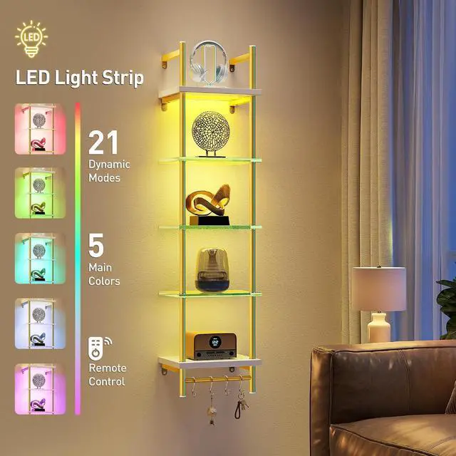 Alt view image 4 of 7 - LED Floating Shelves for Wall, 5 Tier Wall Mounted Shelves, Industrial Pipe Shelves with 4 S-Hooks for Living Room, Bedroom, Kitchen, White & Gold