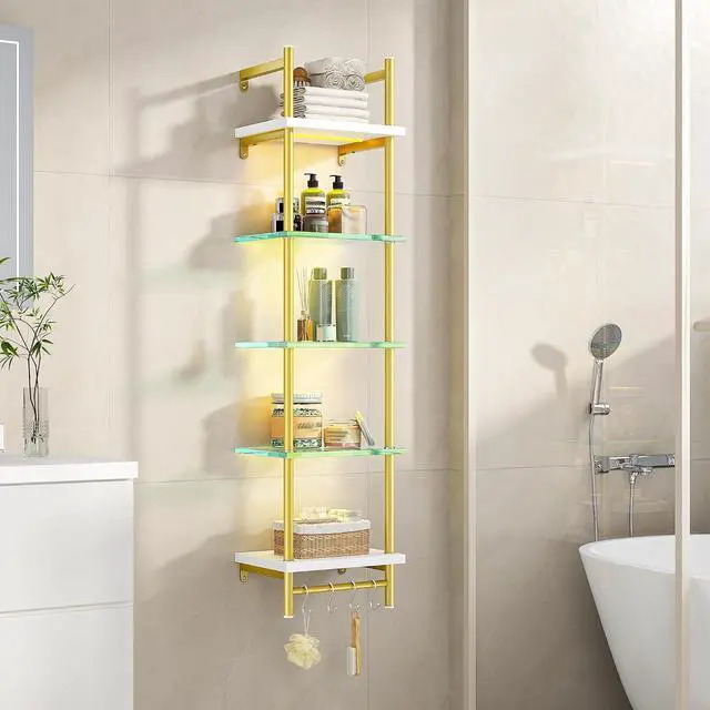 Alt view image 6 of 7 - LED Floating Shelves for Wall, 5 Tier Wall Mounted Shelves, Industrial Pipe Shelves with 4 S-Hooks for Living Room, Bedroom, Kitchen, White & Gold