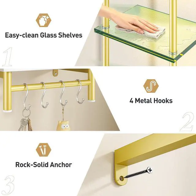 Alt view image 7 of 7 - LED Floating Shelves for Wall, 5 Tier Wall Mounted Shelves, Industrial Pipe Shelves with 4 S-Hooks for Living Room, Bedroom, Kitchen, White & Gold