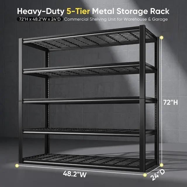 Alt view image 3 of 7 - 48.2" W Garage Shelves Load 3010Lbs for Basement Warehouse Shed Loft | 48.2" W x 24" D x 72" H, Easy Assembly, Adjustable 5-Tier, Wire Mesh Panels, Double-Layer Frame, for Home Commercial Use