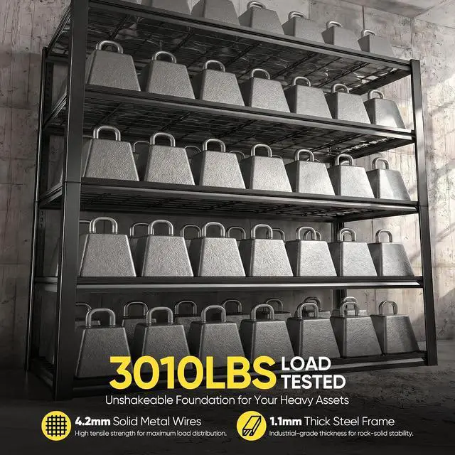Alt view image 4 of 7 - 48.2" W Garage Shelves Load 3010Lbs for Basement Warehouse Shed Loft | 48.2" W x 24" D x 72" H, Easy Assembly, Adjustable 5-Tier, Wire Mesh Panels, Double-Layer Frame, for Home Commercial Use