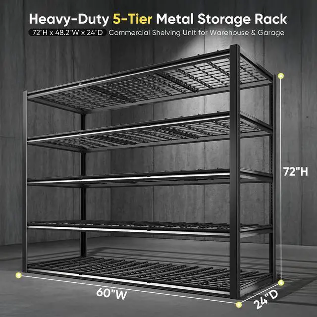 Alt view image 3 of 7 - 60" W Garage Shelving Load 3000Lbs for Basement Warehouse Shed Loft | 60" W x 72" H x 24" D, Easy Assembly, Adjustable 5-Tier, Wire Mesh Panel, Double-Layer Frame, for Home and Commercial Use