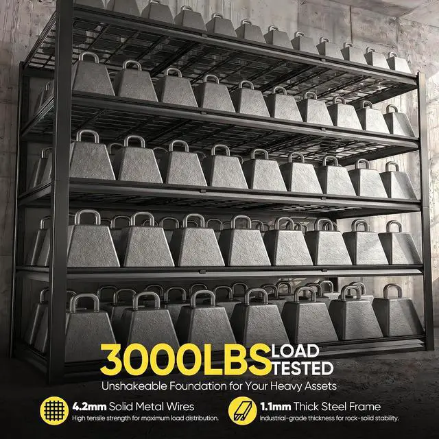 Alt view image 4 of 7 - 60" W Garage Shelving Load 3000Lbs for Basement Warehouse Shed Loft | 60" W x 72" H x 24" D, Easy Assembly, Adjustable 5-Tier, Wire Mesh Panel, Double-Layer Frame, for Home and Commercial Use