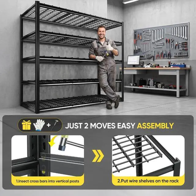 Alt view image 5 of 7 - 60" W Garage Shelving Load 3000Lbs for Basement Warehouse Shed Loft | 60" W x 72" H x 24" D, Easy Assembly, Adjustable 5-Tier, Wire Mesh Panel, Double-Layer Frame, for Home and Commercial Use