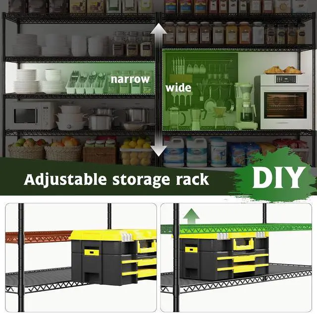 Alt view image 7 of 7 - Storage Shelves, 3200LBS Heavy Duty&Adjustable Height for Garage | 55.5" W Shelf Space Saving, 5 Tier metal shelving, Powder Coated wire shelving, Moisture Resistant, for Pantry Basement