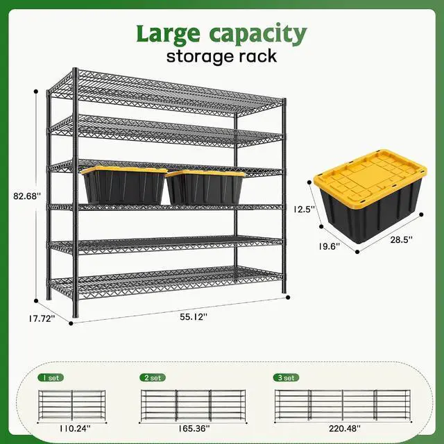 Alt view image 3 of 7 - Storage Shelves, 3840LBS Heavy Duty&Adjustable Height for Basement | 55.5" W Shelf Space Saving, 6 Tier Freestanding, Powder Coated, Anti-Tipping Device, Moisture Resistant, 4-set for Garage
