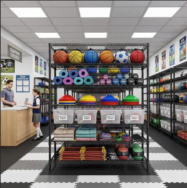 Alt view image 4 of 7 - Storage Shelves, 3840LBS Heavy Duty&Adjustable Height for Basement | 55.5" W Shelf Space Saving, 6 Tier Freestanding, Powder Coated, Anti-Tipping Device, Moisture Resistant, 4-set for Garage