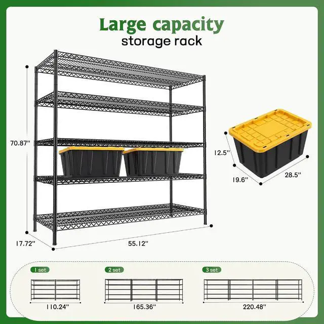 Alt view image 3 of 7 - Storage Shelves, 3200LBS Heavy Duty&Adjustable Height for Garage | 55.5" W Shelf Space Saving, 5 Tier Freestanding, Powder Coated, Anti-Tipping Device, Moisture Resistant, 3-set for Pantry
