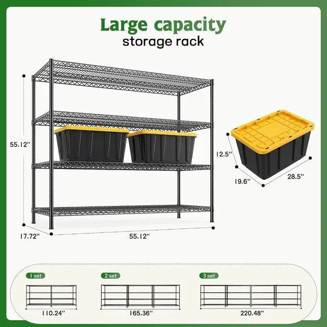 Alt view image 3 of 7 - Storage Shelves, 2560LBS Heavy Duty&Adjustable Height for Garage | 55.5" W Shelf Space Saving, 4 Tier Freestanding, Powder Coated, Anti-Tipping Device, Moisture Resistant, 4-set for Basement
