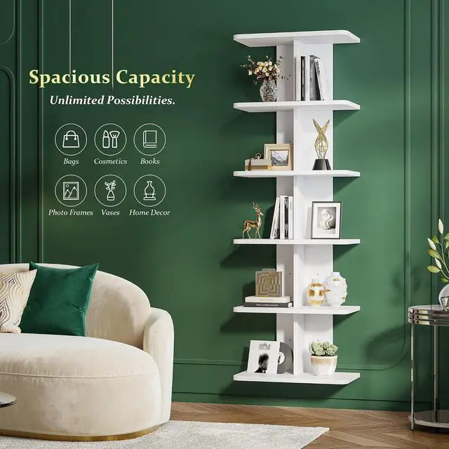 Alt view image 4 of 7 - 6 Tier Floating Shelves, Vertical Column White Wall Shelves for Home Decor, Wall Shelf for Vanity, Bedroom, Living Room, Office