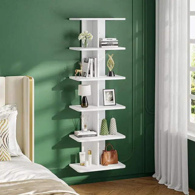 Alt view image 7 of 7 - 6 Tier Floating Shelves, Vertical Column White Wall Shelves for Home Decor, Wall Shelf for Vanity, Bedroom, Living Room, Office