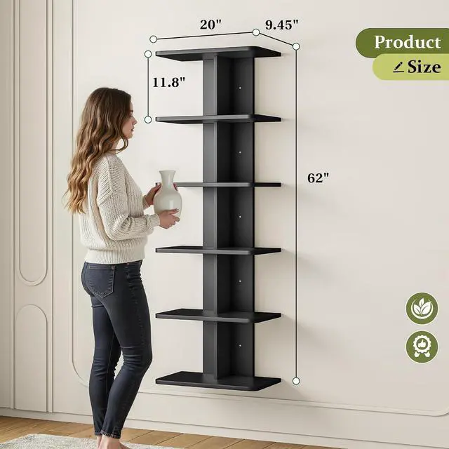 Alt view image 3 of 7 - 6 Tier Floating Shelves, Vertical Column Black Wall Shelves for Home Decor, Floating Shelf for Living Room, Bedroom, Office