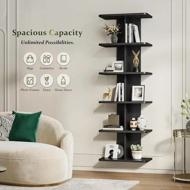 Alt view image 4 of 7 - 6 Tier Floating Shelves, Vertical Column Black Wall Shelves for Home Decor, Floating Shelf for Living Room, Bedroom, Office