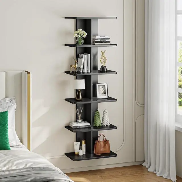 Alt view image 7 of 7 - 6 Tier Floating Shelves, Vertical Column Black Wall Shelves for Home Decor, Floating Shelf for Living Room, Bedroom, Office