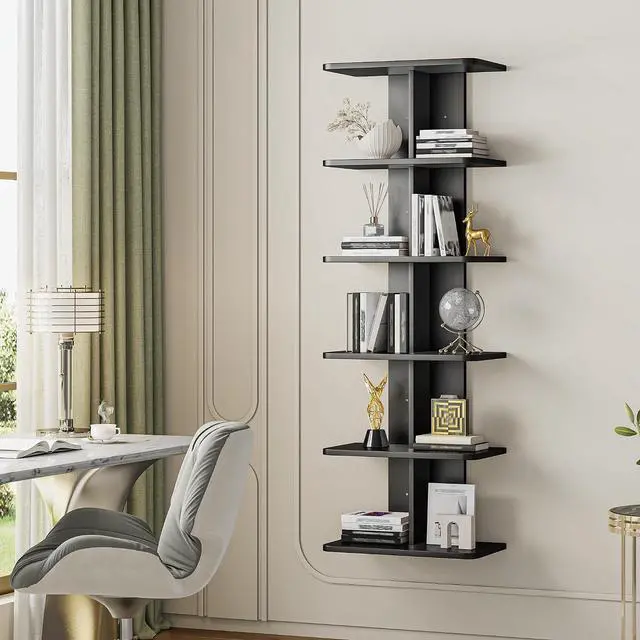 Alt view image 6 of 7 - 6 Tier Floating Shelves, Vertical Column Black Wall Shelves for Home Decor, Floating Shelf for Living Room, Bedroom, Office