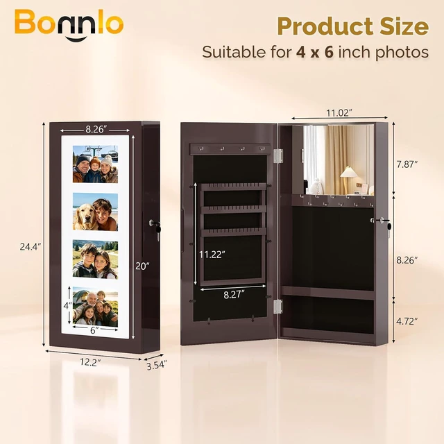 Alt view image 2 of 7 - Jewelry Armoire with Photo Frame, Inner Mirror,23.62 x 11.81 x 3.55 inch, Key Storage Cabinet, Lockable Design,Wall Mount (dark brown)