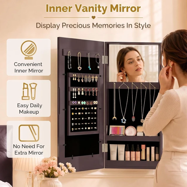 Alt view image 3 of 7 - Jewelry Armoire with Photo Frame, Inner Mirror,23.62 x 11.81 x 3.55 inch, Key Storage Cabinet, Lockable Design,Wall Mount (dark brown)