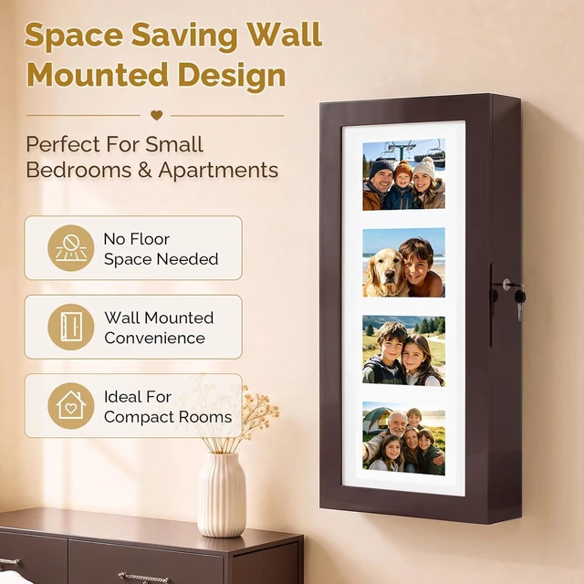 Alt view image 4 of 7 - Jewelry Armoire with Photo Frame, Inner Mirror,23.62 x 11.81 x 3.55 inch, Key Storage Cabinet, Lockable Design,Wall Mount (dark brown)