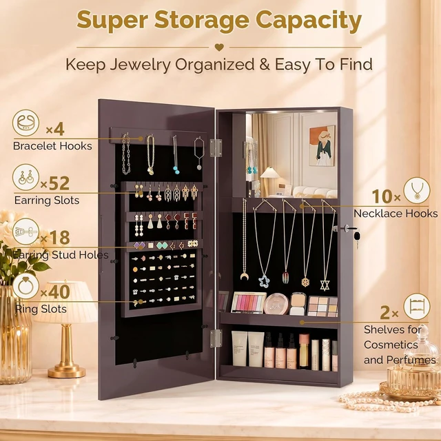 Alt view image 6 of 7 - Jewelry Armoire with Photo Frame, Inner Mirror,23.62 x 11.81 x 3.55 inch, Key Storage Cabinet, Lockable Design,Wall Mount (dark brown)
