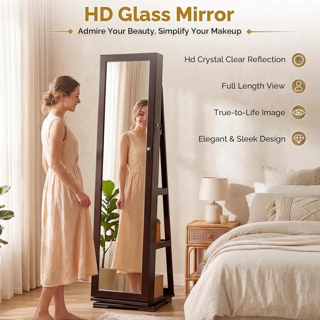 Alt view image 6 of 7 - 360° Swivel Jewelry Mirror Cabinet with Inside Makeup Mirror,Full Length Mirror with Jewelry Storage, Lockable Standing Jewelry Armoire Organizer, Espejo Oon Almacenamiento for Bedroom,Brown